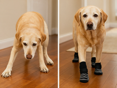 Before and after indoor floor traction with Furrly Pets dog socks