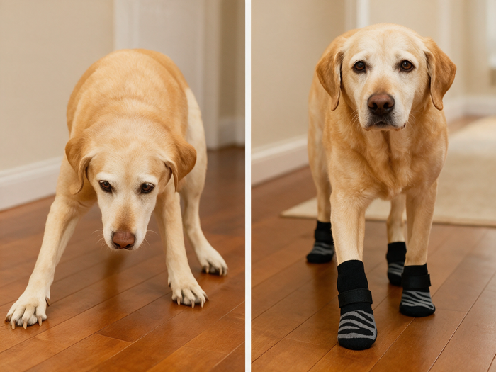 Dog wearing Furrly Pets anti-slip socks