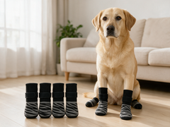 Golden dog wearing Furrly Pets socks beside the four-sock pack